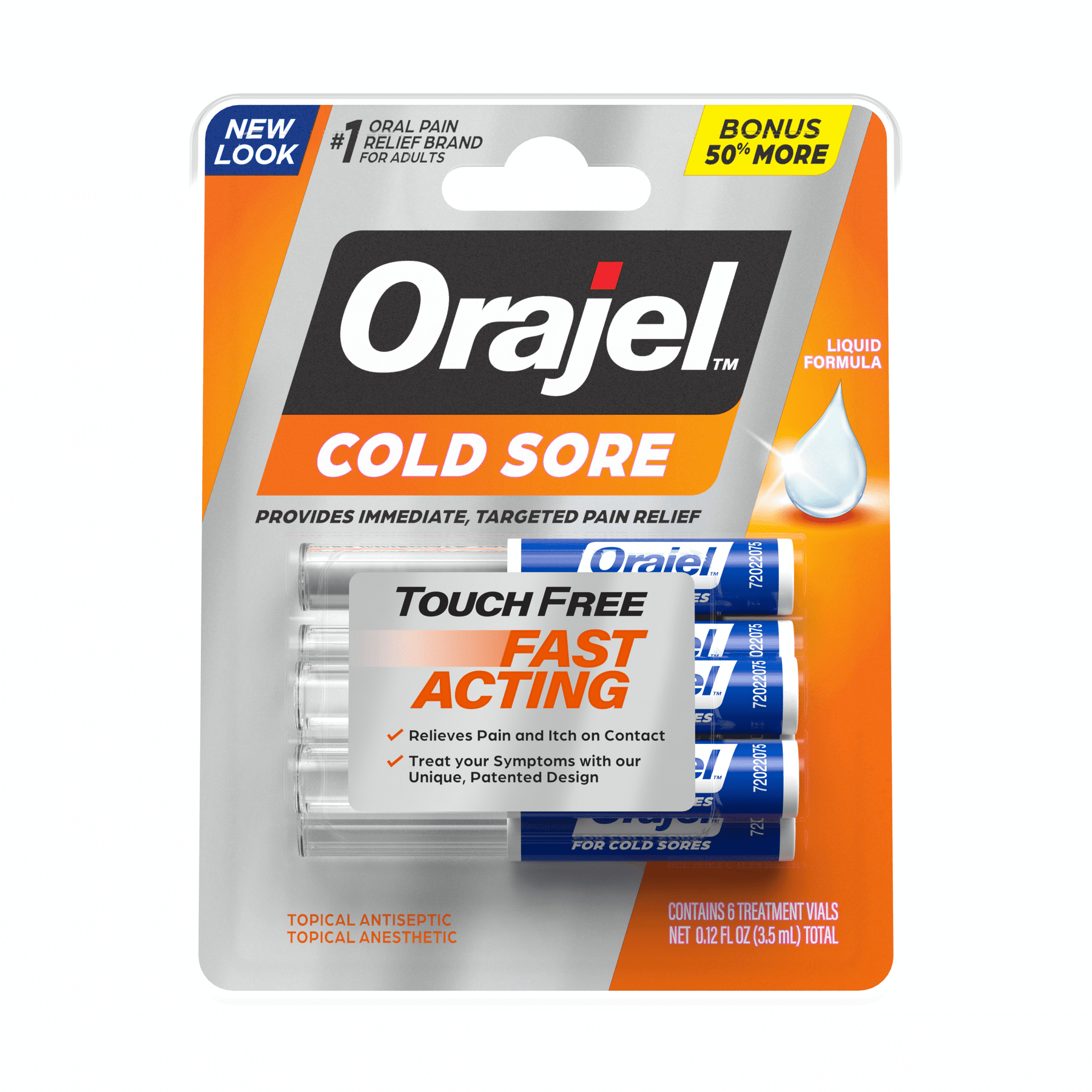 Orajel Touch Free Cold Sore Treatment .12oz, Liquid Formula, Provides Immediate & Targeted Pain Relief, Bonus Size, 6 Applicators