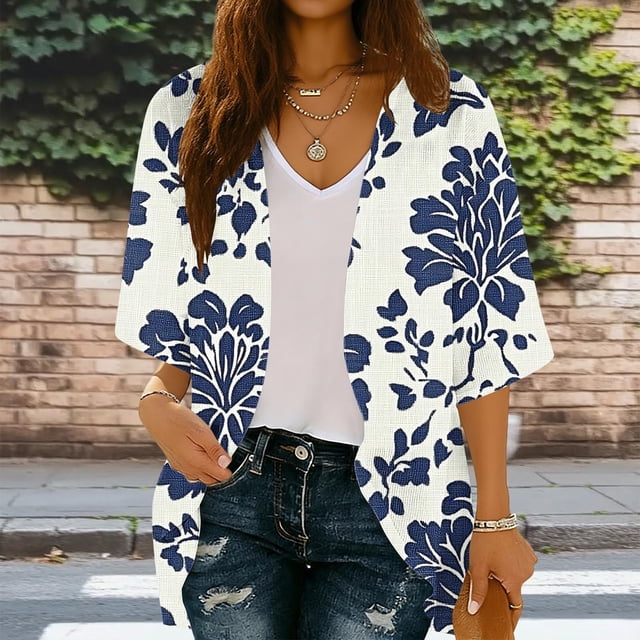 Xuyuer Spring Beach Cover-Up Cardigan - Women's 3/4 Sleeve Casual Shirt for Summer Seaside Outings, Resort Vacations, Breezy Seasonal Layering Top & Coastal Stroll Essentials