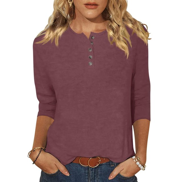 Yuyuzo Womens 3/4 Sleeve Tops Basic Button Crew Neck Solid Color Loose Fitted Tunics Tee Blouses