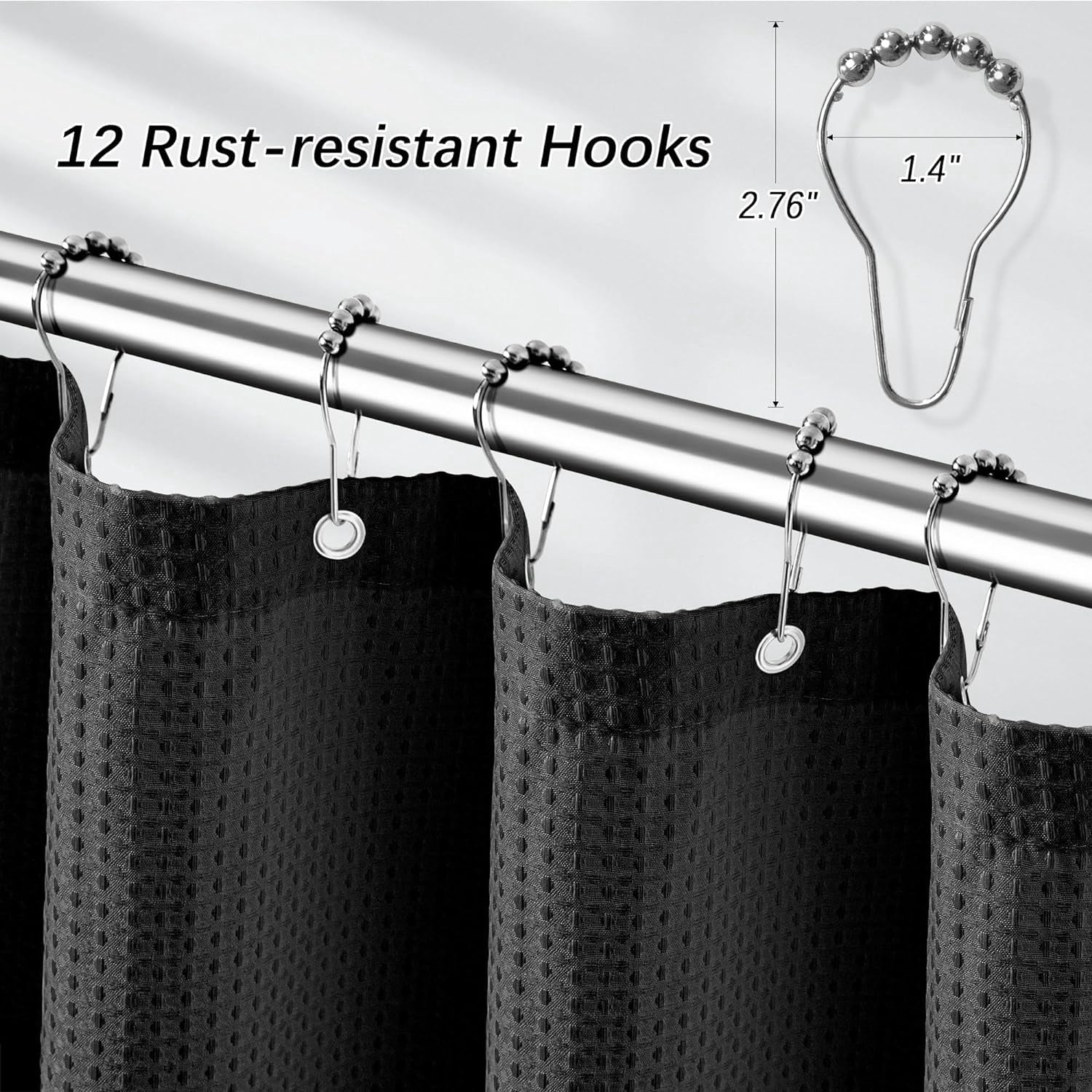 Black Shower Curtain 256GSM Heavy Duty Waffle Woven Bathroom Shower Curtains, Weighted Fabric for Hotel Spa Luxury Polyester with 12 Hooks, 72Wx72H