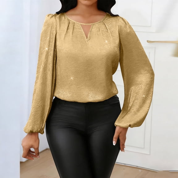 HongQid Womens Long Sleeve Tops Dressy Casual Keyhole Blouses Pleated Tops Trendy Shiny Metallic Party Work Shirts
