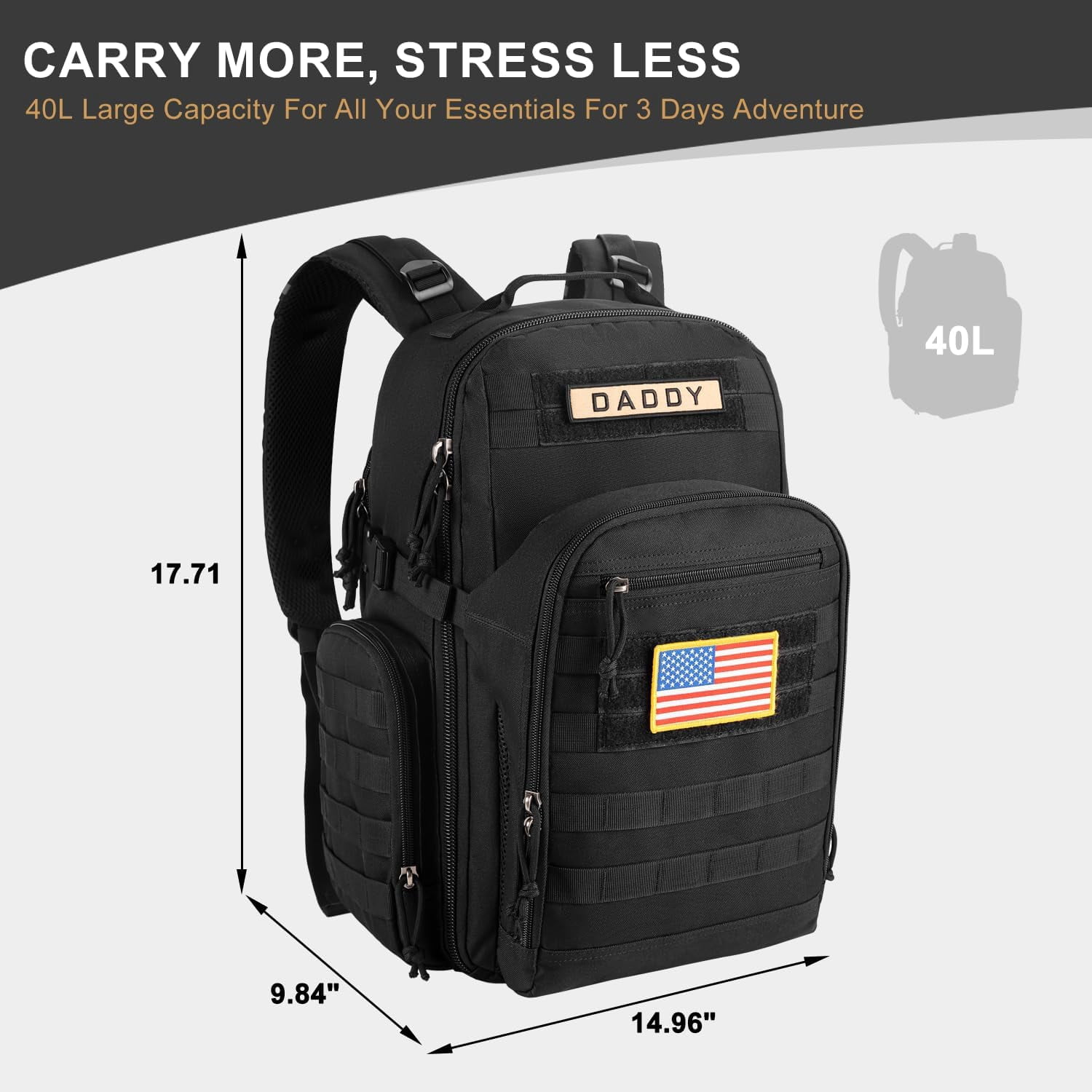 MIRACOL Diaper Bag Backpack for Dad: 40L XL Capacity Fits 1-3 Days Trip - Military Style with Daddy Patch for Active Dads - Ideal Gift for New Fathers & Husbands