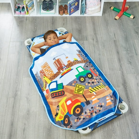 EVERYDAY KIDS Cute Preschooler and Toddler Cot Nap Mat for Home, Daycare, Preschool and Kindergarten; Easy to Roll Sleeping Mat with Elastic Straps, Pillow and Blanket