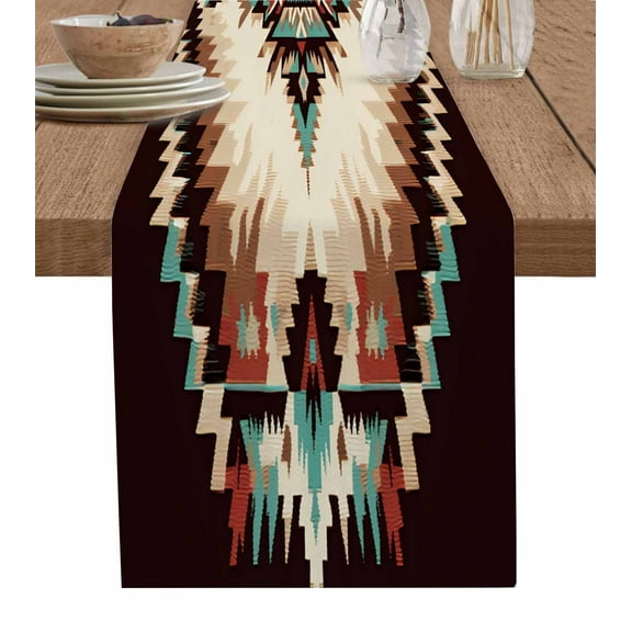 Brown Teal Red Boho Table Runner Ethnic Vintage Geometric Abstract Tablerunners 13 x 90 Inch, Table Decorations Tabletop Scarf for Summer Gathering Holiday Farmhouse Kitchen Dining Decor