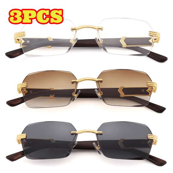 3pcs Rimless Rectangle Sunglasses for Men Women, Retro Square Shade Sun Glasses Tinted Glasses