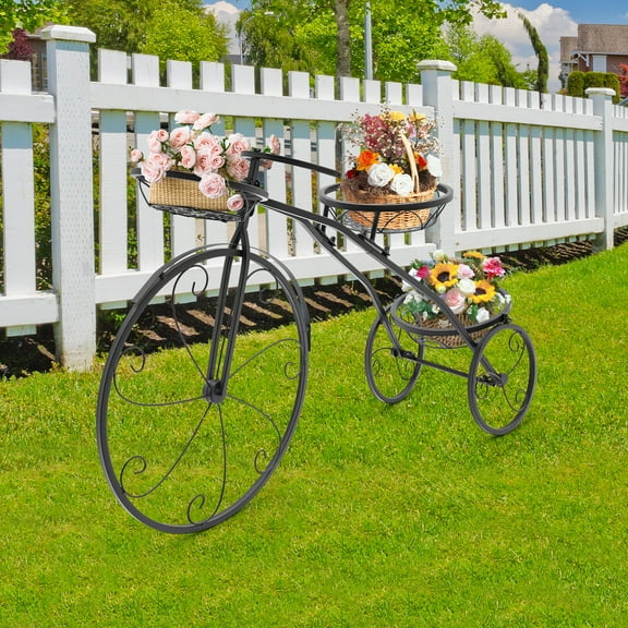 ToppiJoy Bicycle Planter Stand, Three-wheeled Plant Stand, Plant Stand, Plant Corner Shelf, Metal Flower Pot Cart Holder with 3 Plant Bucket Outdoor Decorative for Patio, Deck, Garden or Lawn(Black)