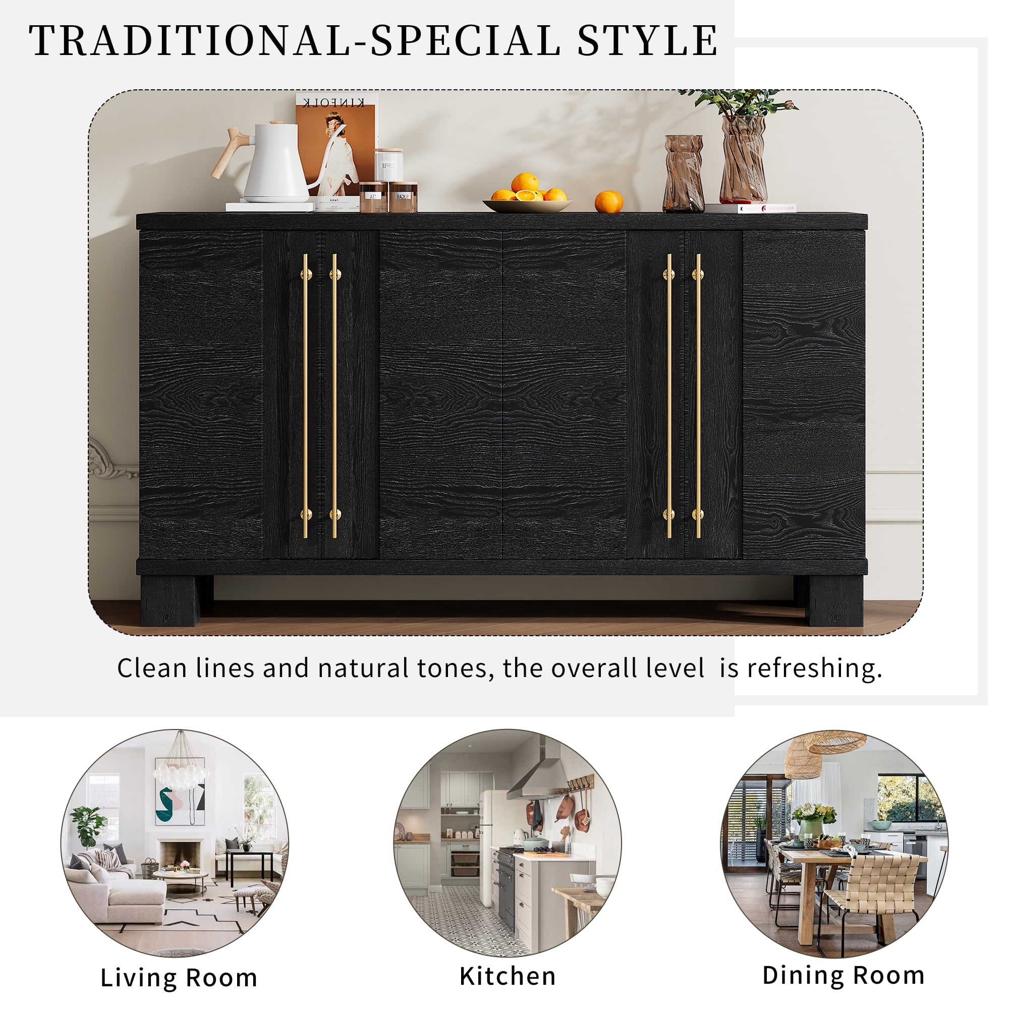 Euroco 60" Sideboard Buffet Cabinet with Storage, Wooden Coffee Bar Cabinet with Gold Handles & Adjustable Shelves for Kitchen, Dining Room and Living Room,Black