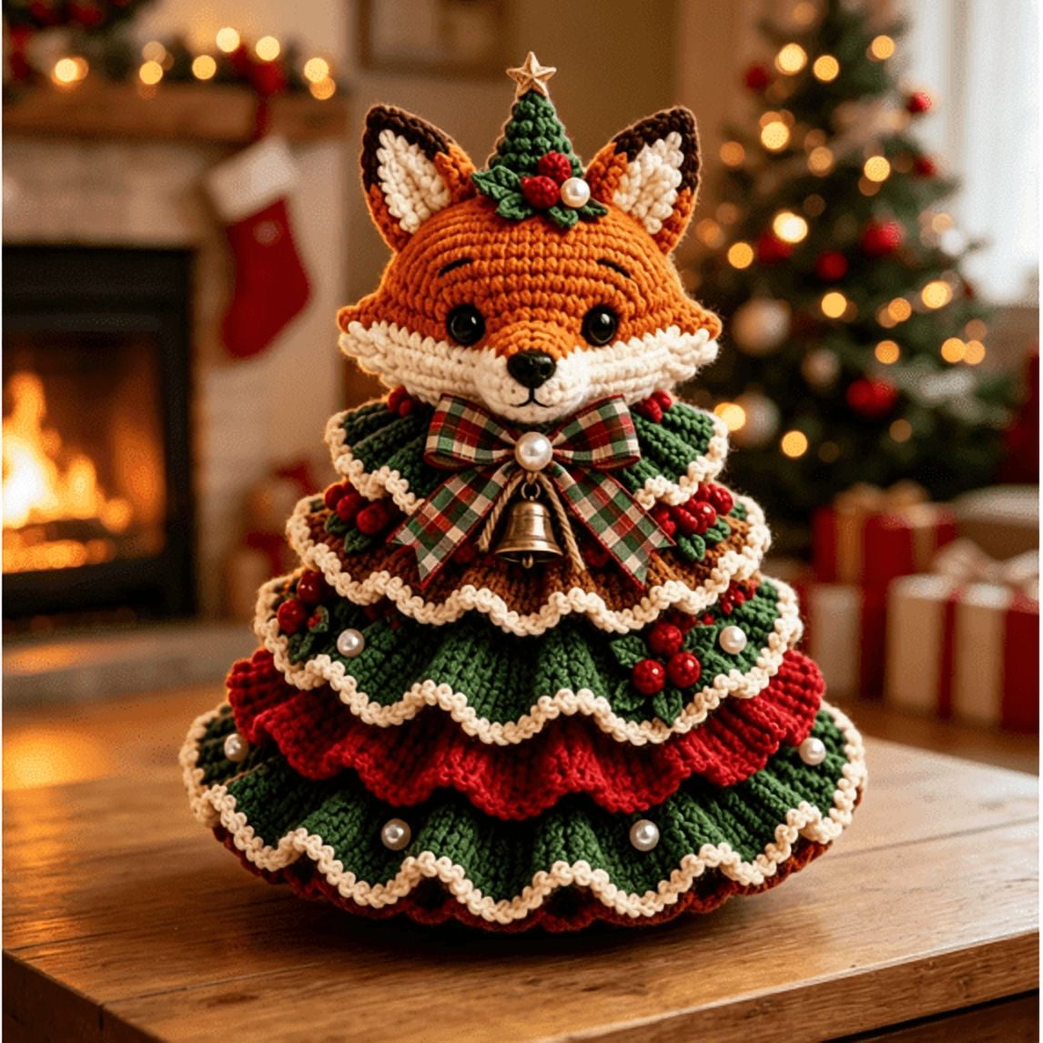 DIY Crochet Animal Christmas Tree Kit Holiday Gift Craft Set for Crochet Enthusiasts Beginner Friendly Handmade Christmas Decoration Project with Materials for Tabletop Home Display Fox