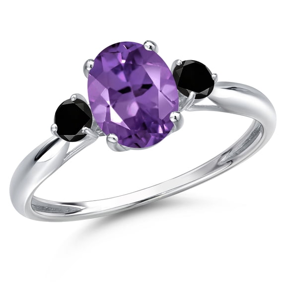 Gem Stone King 10K White Gold Purple Amethyst and Black Diamond 3-Stone Ring for Women | 1.35 Cttw | Oval 8X6MM | Gemstone February Birthstone | Size 8