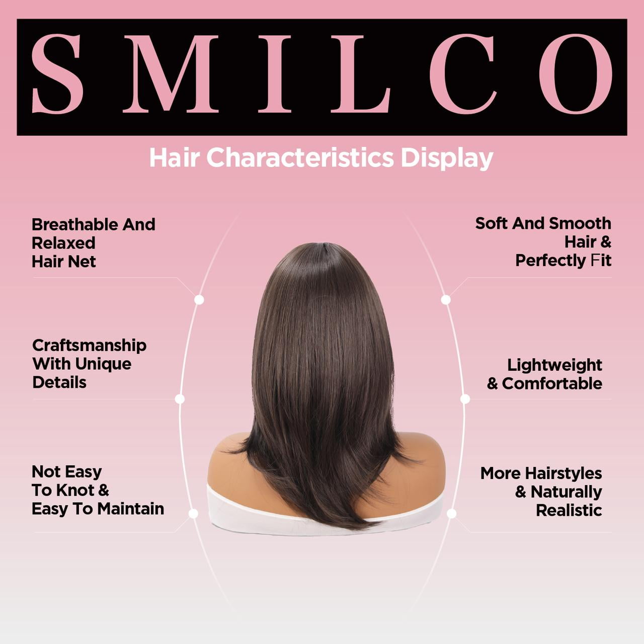 Smilco 18-Inch Classic Black Wig - Heat-Resistant Fiber, Undetectable Wear & Timeless Elegance for Versatile Styling