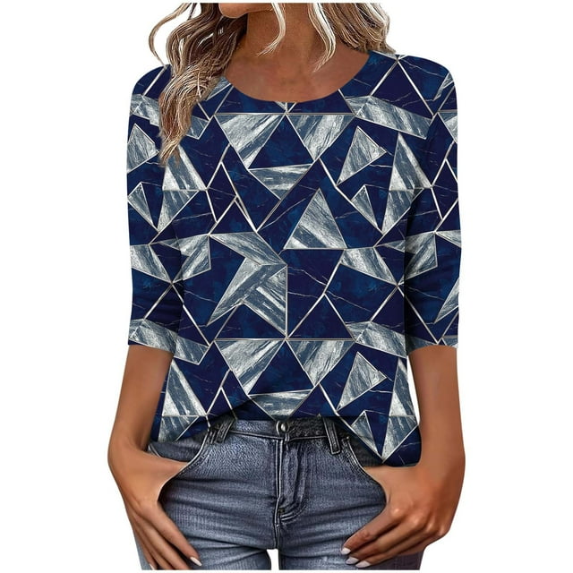 Pisexur Women Hauts Habillés Décontractés Manches 3/4 Shirts pour Women Mode Boho Floral Col Rond T Shirts pour Women Coupe Ample Blouses Légères pour Women P-5TG, Bleu