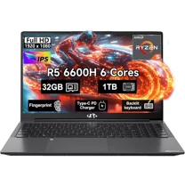 15.6" Windows11 Gaming Laptop Computer AMD Ryzen 5 6600H 32GB DDR5 RAM 1TB SSD 660M 6nm GPU-Computer with 100W Type-C Backlit Keyboard Fingerprint for Business and Student Gray