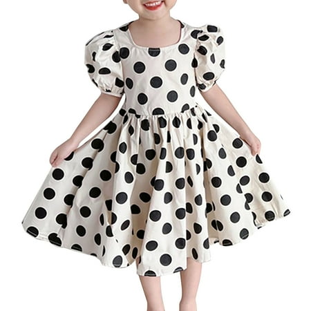 

Little Child Girls Dresses Polka Dots Printed Short Sleeve O-Neck Lace Bare Waist Princess Comfy Soft Sundress For Children