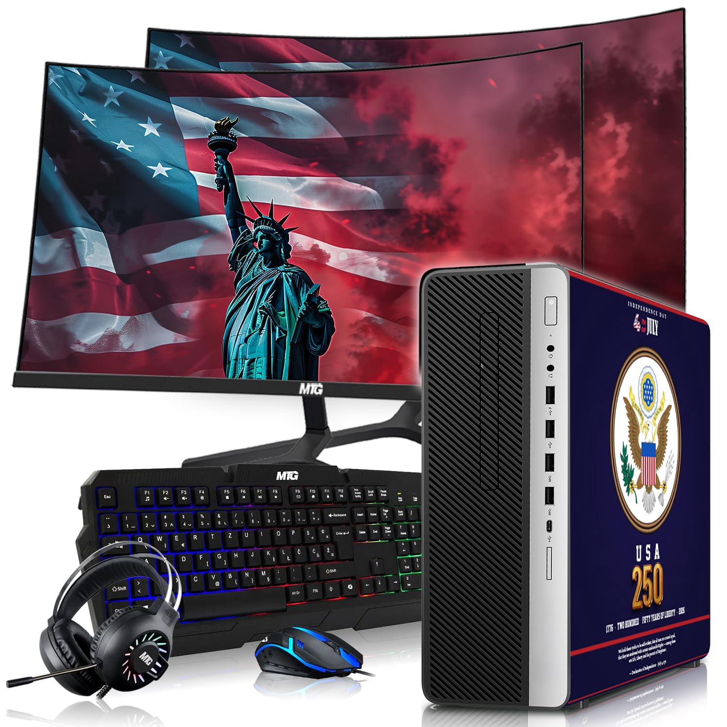Restored HP EliteDesk Liberty 250 Edition Gaming Desktop Computer PC, AMD, 16GB RAM, 256GB SSD OS+2x500GB HDD, Dual 24" Curve Monitor, GT 1030 Graphics, RGB Keyboard/Mouse/Headphones, Win 11 Pro