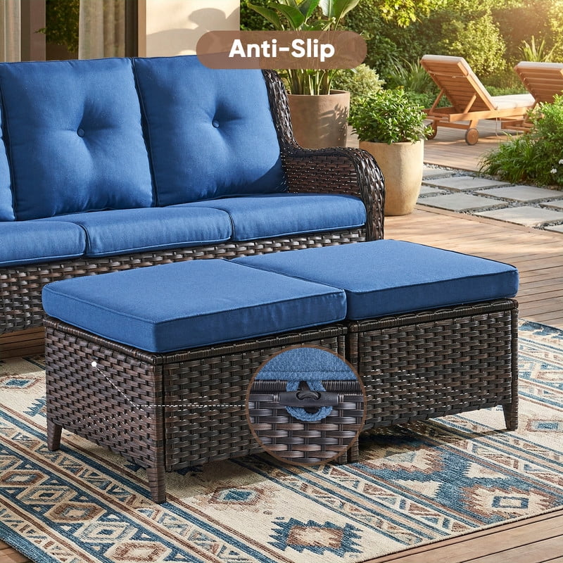 PARKWELL Outdoor Patio Wicker Furniture Set - 5 Piece Sectional Sofa Set with 3-Seat Sofa,2 Chairs and 2 Ottomans,Brown Wicker and Blue Cushion