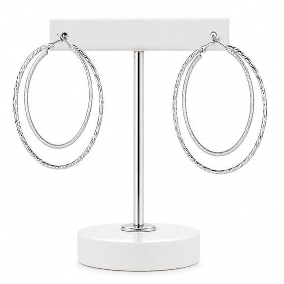 Silver Double Layer Hoop Earrings for Women, Lightweight Textured Statement Hoops, Everyday Fashion Jewelry