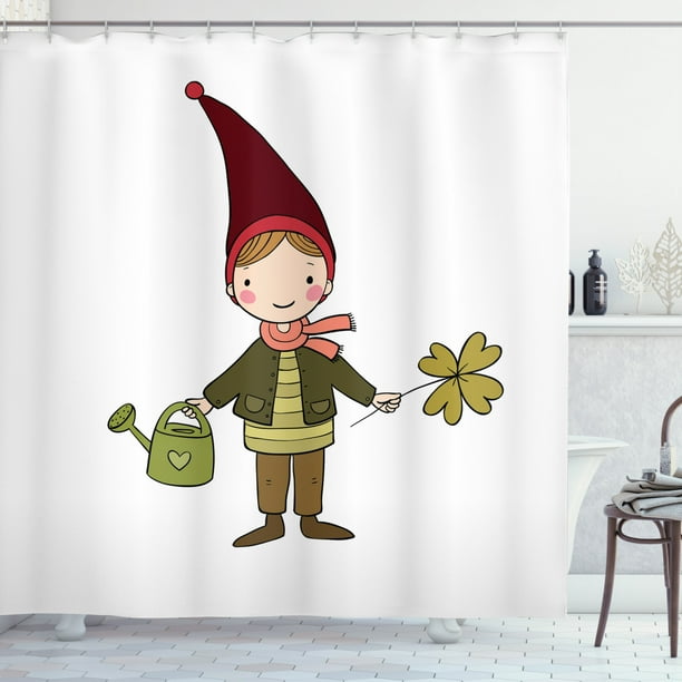 Gnome Shower Curtain, Little Elf Boy with Clover and Watering Magic Gardening Joyful Cartoon