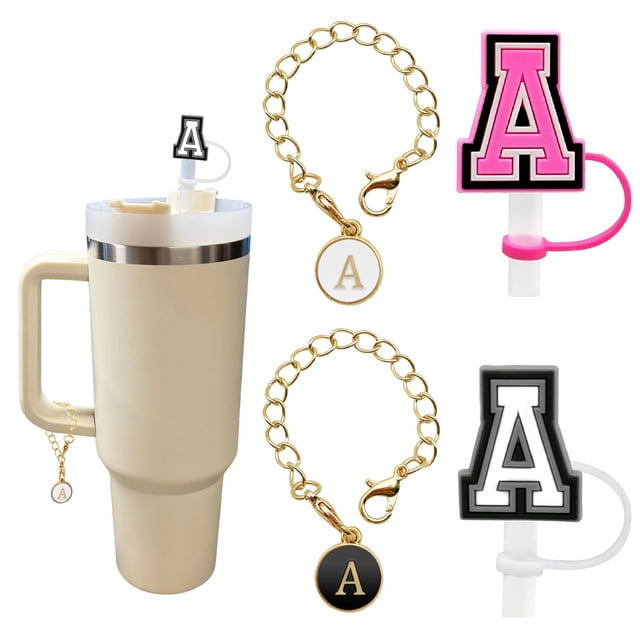 (2+2) 2 fundas de pajita para taza Stanley de 30 y 40 onzas, 10 mm, con 2 accesorios para taza Stanley, dijes de letras con nombre, identificación, letra inicial, mango personalizado para vaso Stanley