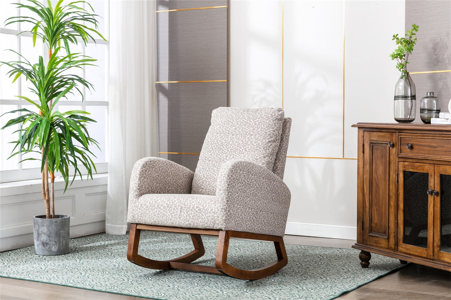 Living Room Rocking Chair, Modern Fabric Upholstered Leisure Rocker