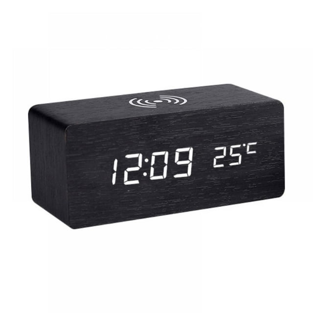 Wood LED Digital Alarm Clock With Phone Wireless Charging Pad Snooze Function Sound Control Alarm Clock