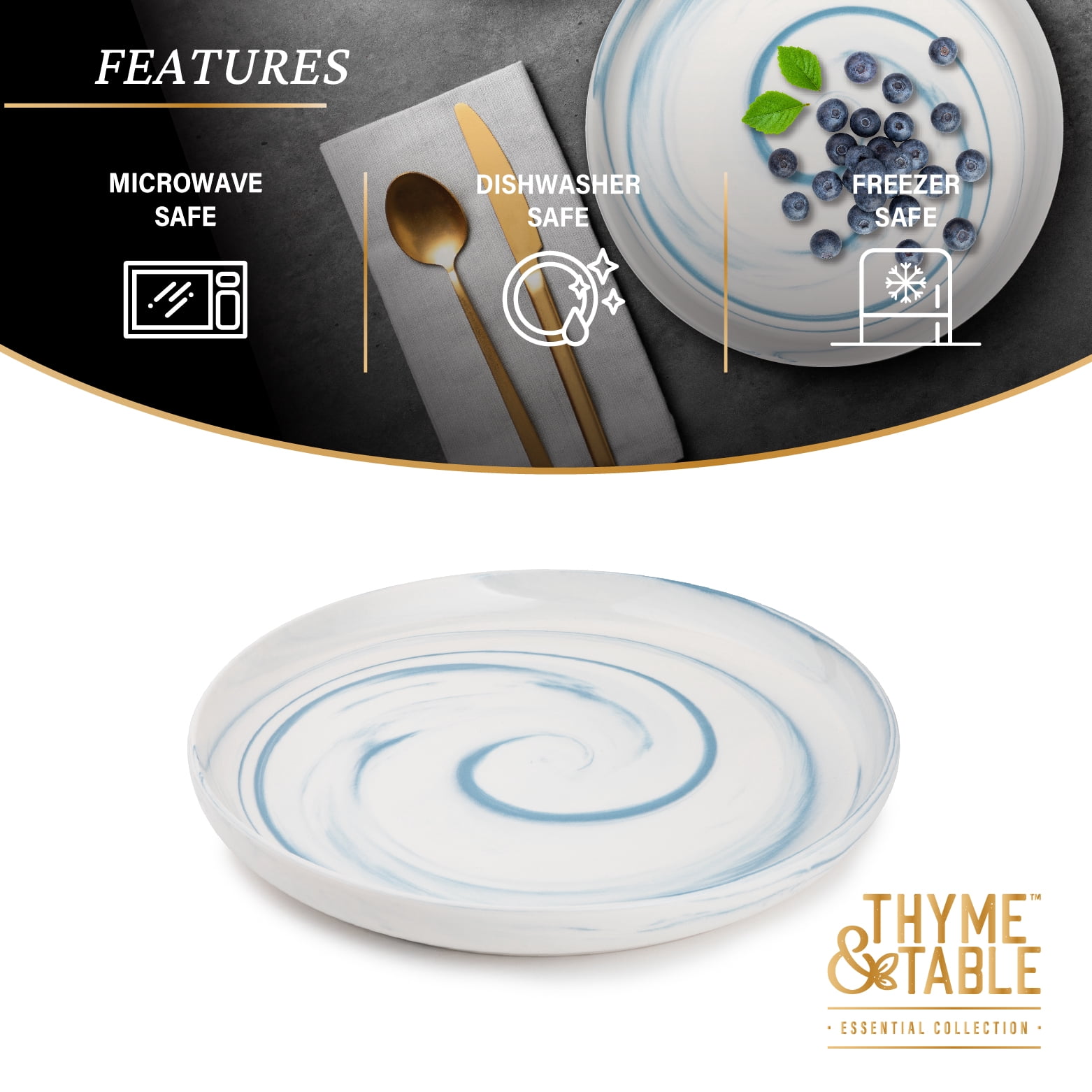Thyme & Table Blue Marble Stoneware Round Dinner Plate