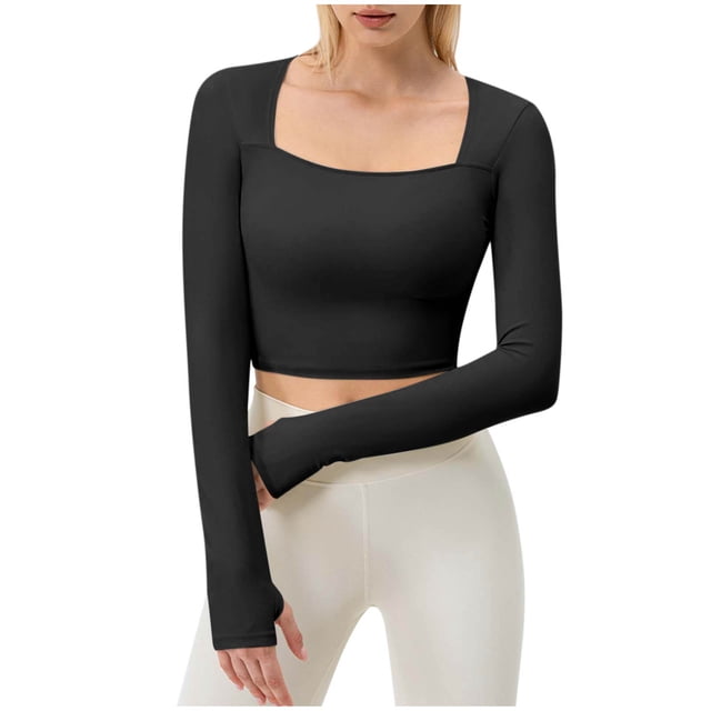 Dagugfen Crop Tops pour Femmes Trou pour Pouce Col Carré Manches Longues Serrées Extensibles pour Pilates