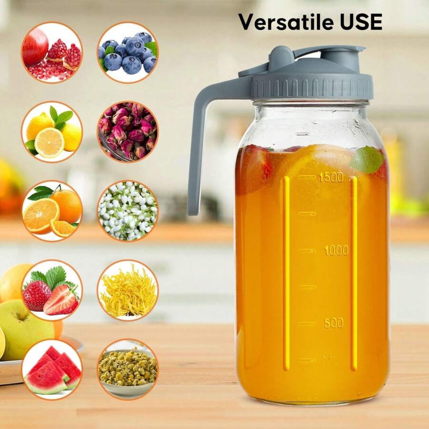 NTGFU 2-Piece Mason Jar Pitcher, 64OZ Breast Milk Pitcher Double Leak Proof with Pour Spout Handle, Wide Mouth Iced Tea Pitcher for Fridge, Creamer Container for Coffee, Sun Tea Juice