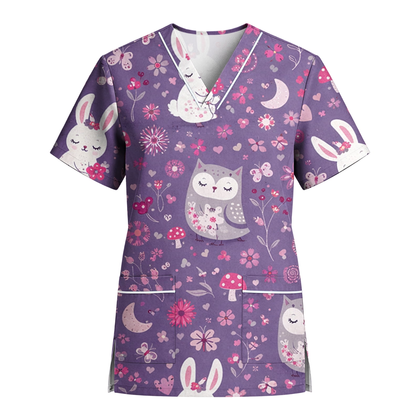 KDDYLITQ Scrubs for Women Cute Animal Print Nurse Pediatric Shirts Short Sleeve V Neck Comfort Plus Size 2026 Summer Tops with Pockets Dark Purple L