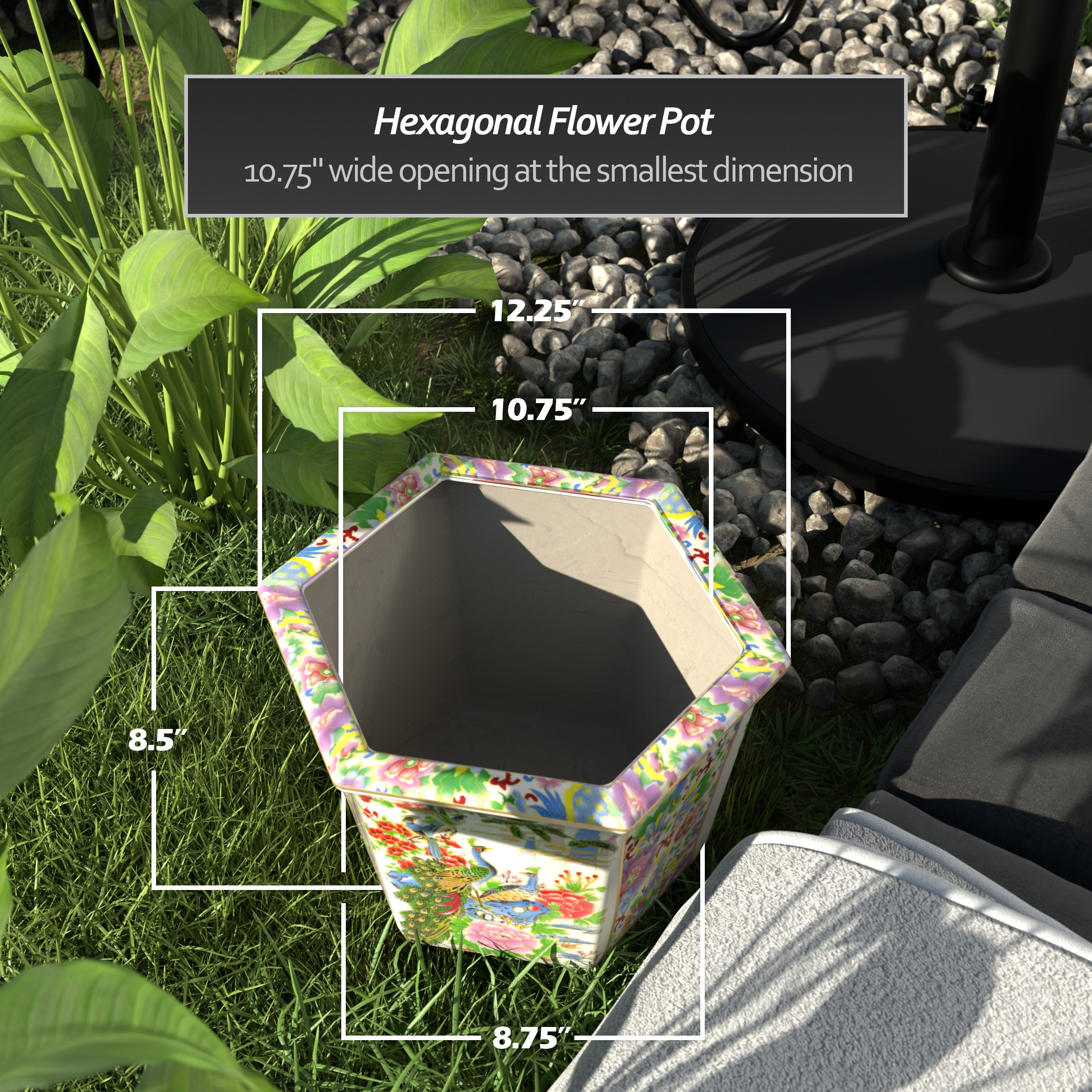 12" Hexagonal Flower Pot - Satsuma Peacock
