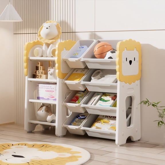 Kids Bookshelf and Toy Storage, 4-Tier Toy Organizers W/8 Removable Storage Bins, Kids Toy Storage Organizer for Study Room, Bedroom, Kids Room, Classroom, Nursery