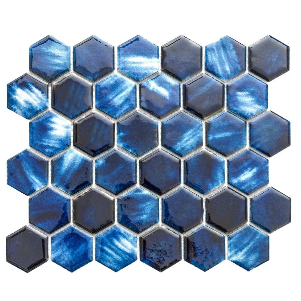 The Tile Life Agate 4 in x 4 in Hexagon Sapphire Glossy Porcelain Mosaic Tile Sample 1 Piece