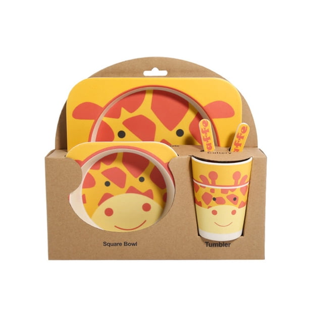 Juego de vajilla para niños 5 uds., Cuenco de dibujos animados de fibra de bambú para bebés, juego de vajilla para animales, taza para niños pequeños, cuchara, tenedor kenally JJ15200-03