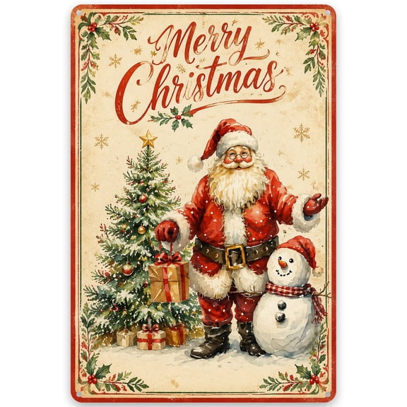 Christmas Metal Wall Decor Sign 8x12 Inch | Merry Christmas Santa Claus, Snowman & Tree Design | Rustic Iron Home Decoration for Indoor/Outdoor Use | Easy Hanging with Pre-Drilled Holes