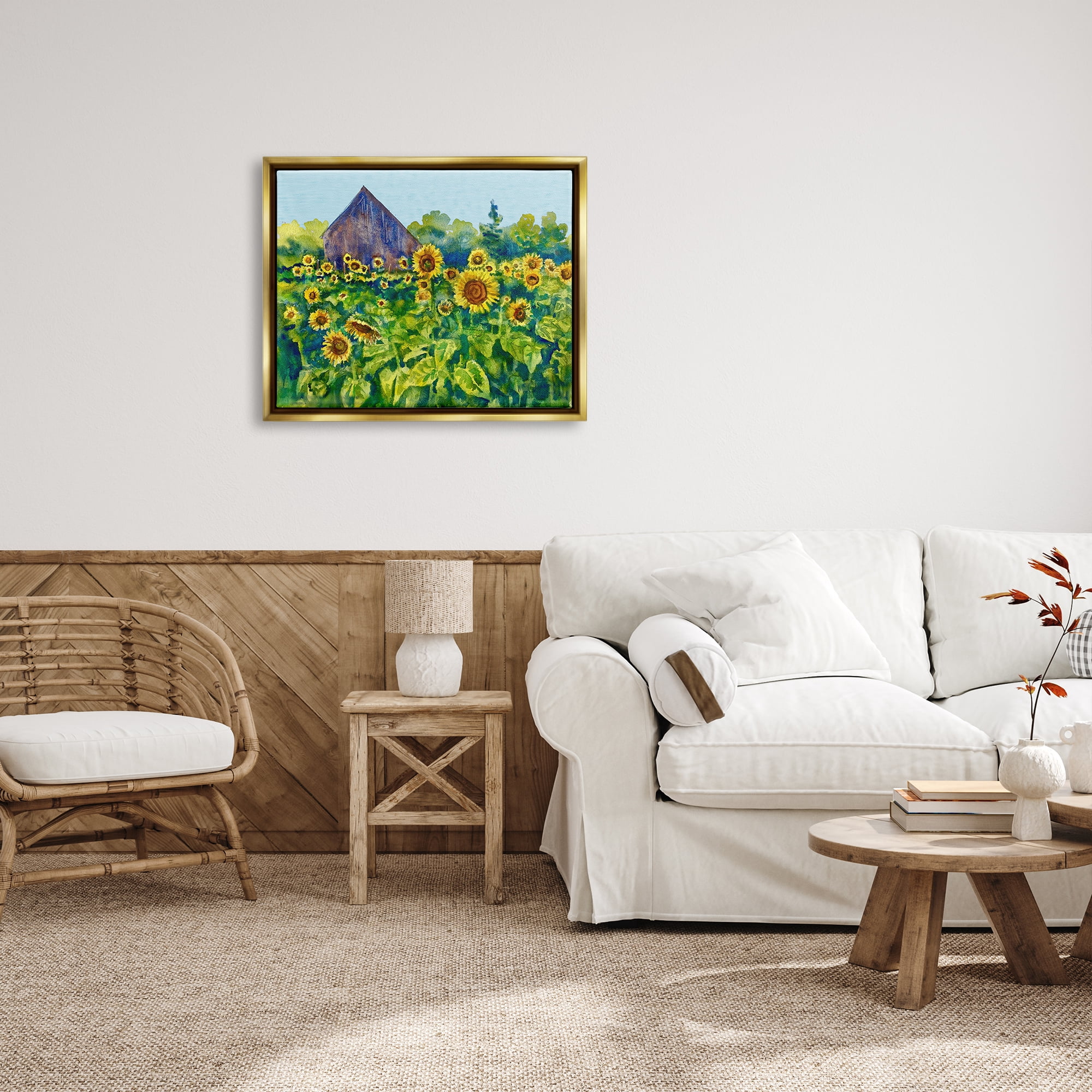 Stupell Industries Sunflower Field Painting Nature Painting Gold Floater Framed Art Print Wall Art, 31 x 25