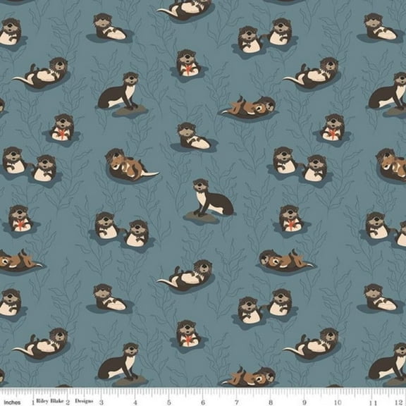 Alaska Sea Otters in Blue Cotton Fabric (1 yard)