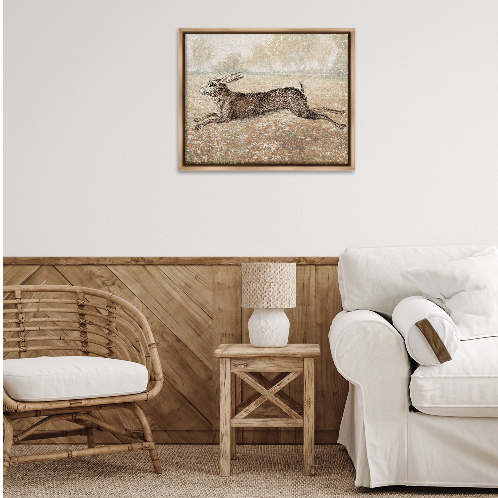Stupell Industries Traditional Jumping Hare Landscape & Nature Painting Brown Floater Framed Canvas Art Print Wall Art, 31 x 25