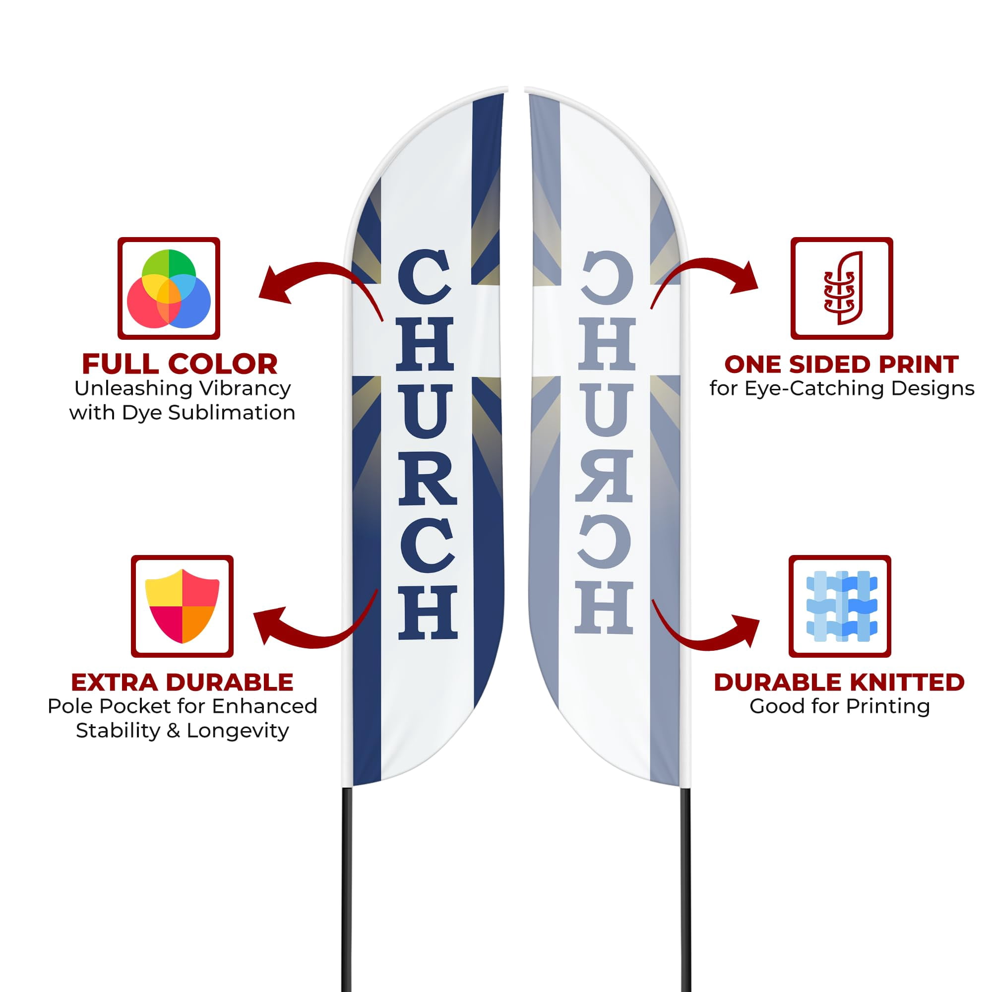 Church Sign feather flag for Outdoor by Mavis Printing | 11.5 FEET Long Polyester Outdoor Banner Flag for Easy Hang | HD Print Swooper I Flag Only to Promote Church Activity| Made in USA I Flag Only