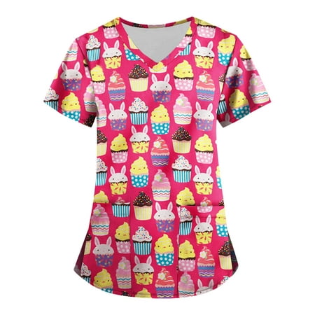 

CHMORA Scrub Tops Women Print Print Nurse Uniforms for Women Short Sleeve V-Neck Shirts Tee Tops with Pockets(Hot Pink 3XL)