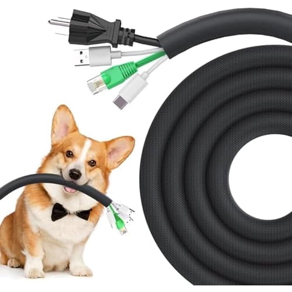 Dog Cat Cord Protector 10ft - 1/2inch, Flexible Cable Sleeve for Easy Cord Management, Protects Cables from Pets Chewing, Ideal for USB, Power, Audio and Video Cords - Black