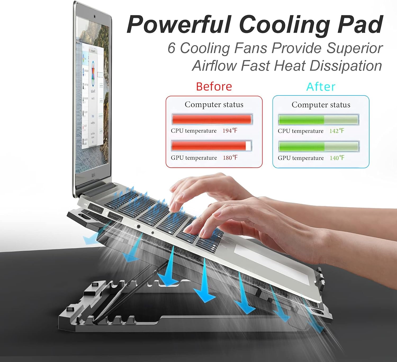 Laptop Cooling Pad with 6 Cooling Fans, Cooling Pad for Laptop Fan 13-15.6 Inch, Laptop Cooler Stand with 6 Height Adjustable, Notebook Cooler Pad with Two USB Port