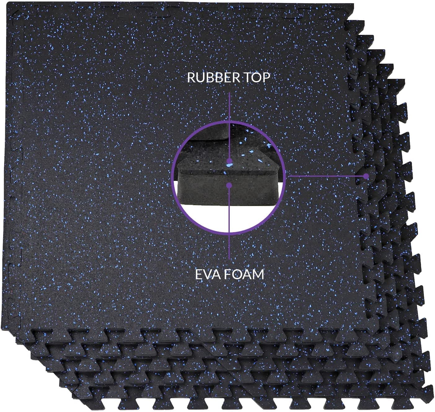 1/2" Thick 48 sq ft (12 Tiles) Interlocking Rubber Top EVA Foam Exercise Mat | Home Gym Mats Workout Flooring Tiles for Gyms, Fitness Rooms | Durable Grip Protective Flooring, Black/Blue