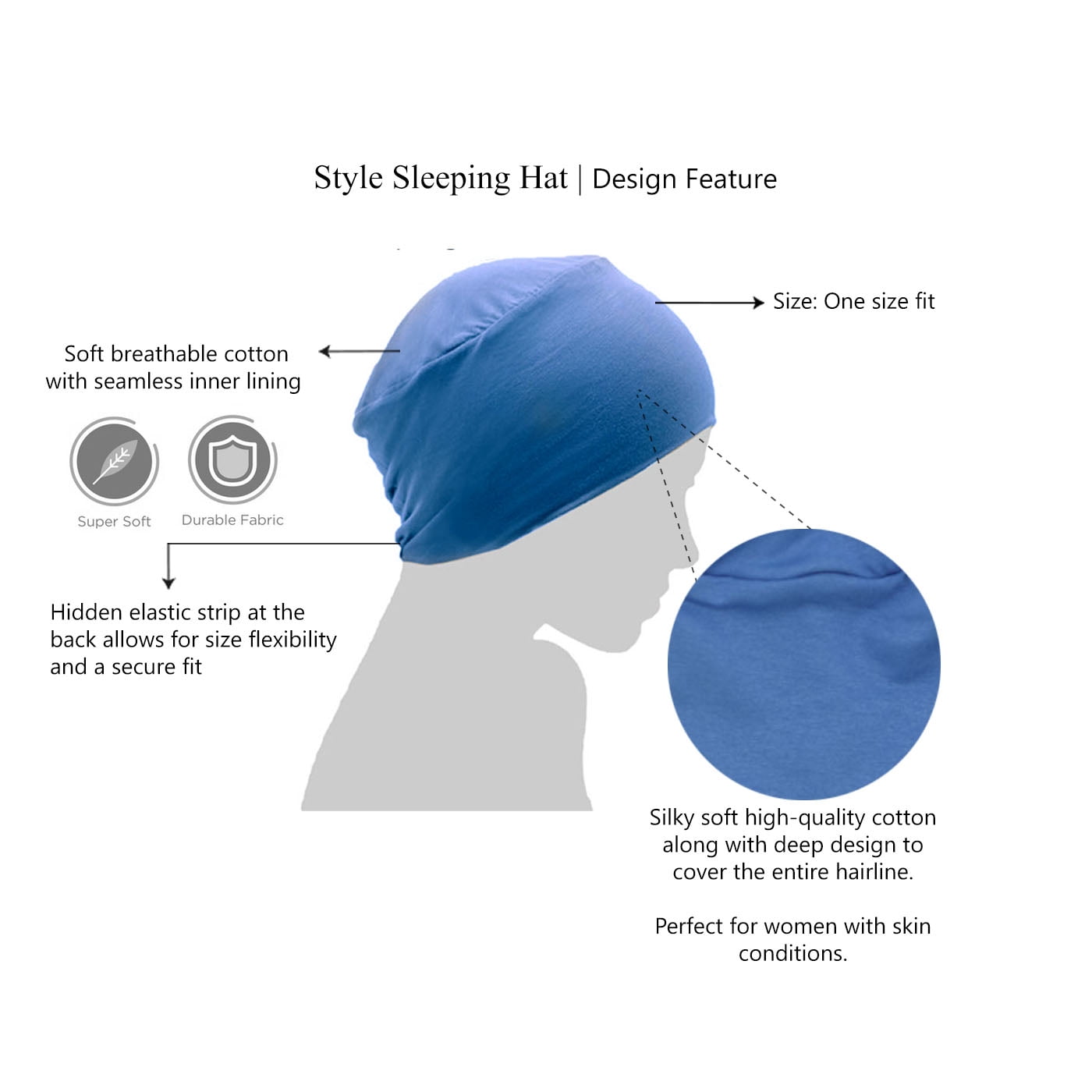 MASUMI Chemo Sleep Hat for Women, Soft Cotton Hats for Ladies, Chemo Headwear Turbans Cap Beanie Cancer Head Coverings with Double Layer (Blue Ocean)