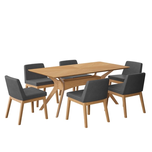 Juego de Comedor de Madera con 6 Sillas Tapizadas para 6 Personas, Mesa y Sillas para Comedor y Cocina, Midtown Concept Lisboa, Roble y Gris Oscuro