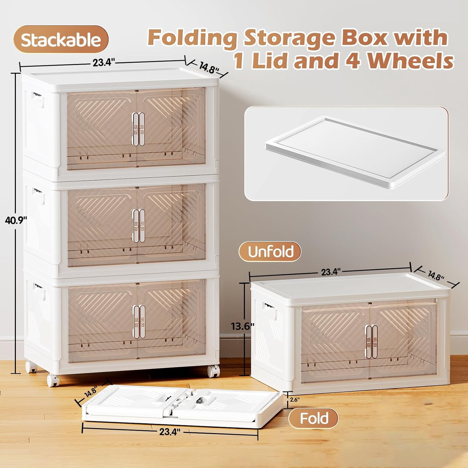 Storage Bins with Lid 3 Pack 76QT, Stackable Storage Containers with Wheels and Magnetic Doors, Plastic Clothes Closet Organizers and Storage Box for Home and Office