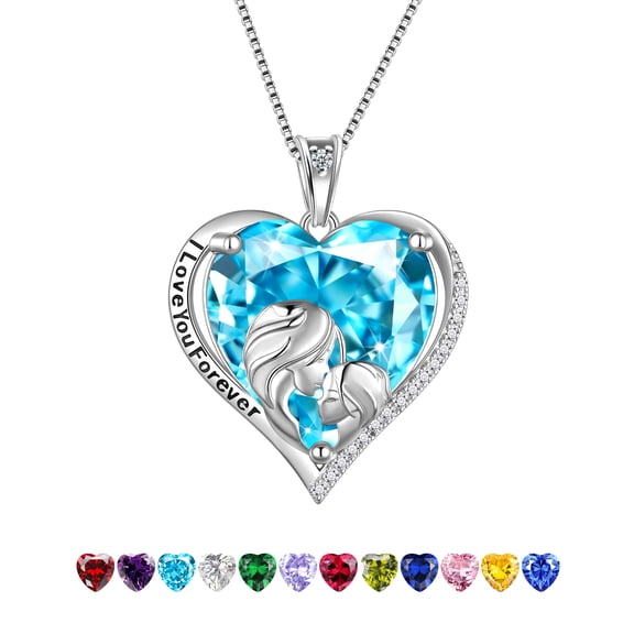 Juwaliy Women Heart Necklace for Mother Daughter 925 Sterling Silver Blue Aquamarine Birthstone Pendant Jewelry Mom March Birthday Mother's Day Gift