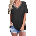 thumbnail image 1 of Nouveau T-Shirt Décontracté Col en V pour Femmes Manches Courtes Haut Ample Blouse Patchwork, 1 of 2