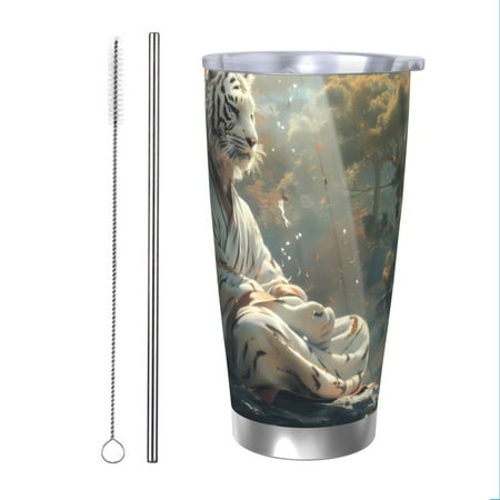 

Bingfone Forest Meditating White Tiger for 20 Oz Stainless Steel Travel Mug Double Wall Water Coffee Cup for Home Office Outdoor Works Great for Ice Drinks and Hot Beverage-Straw Two-piece Set