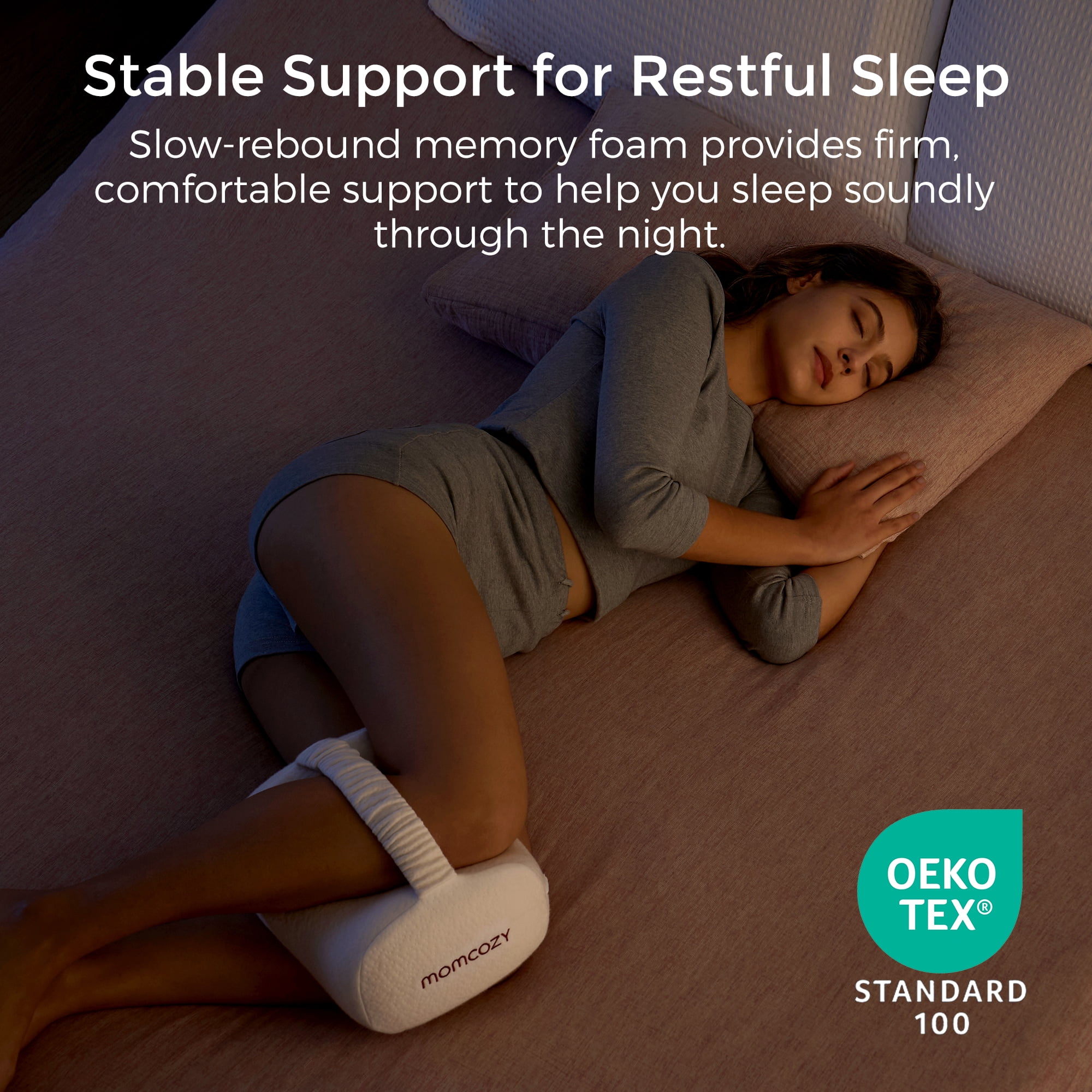 Momcozy Knee Pillow for Side Sleepers, Soft Memory Foam Support Spine Alignment Pregnancy Leg Pillow for HIPS, Back, Sciatica Pain, Fixed Strap for Moving, Wider Contact Even Pressure