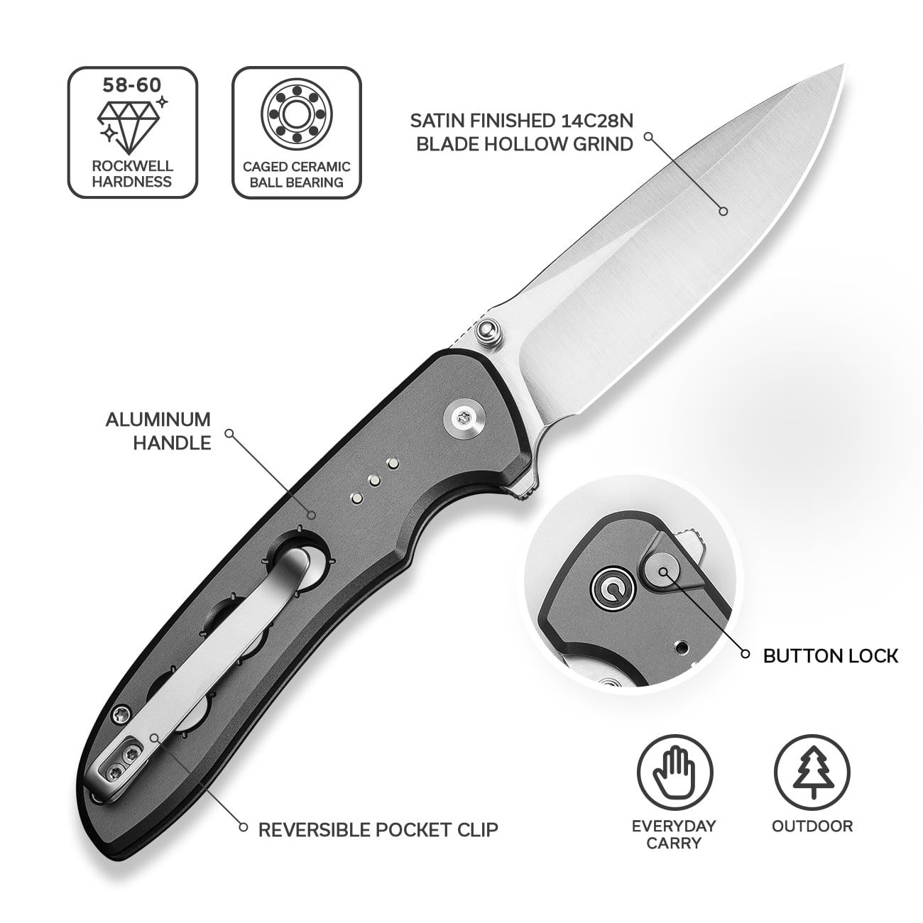 CIVIVI Hyperpulse Pocket Folding Knife, 3.5" 14C28N Blade Lightweight Gray Aluminum Handle C23087A-3