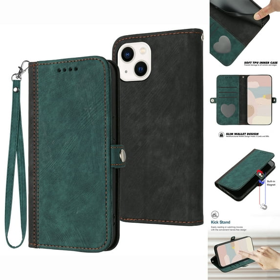 ELEHOLD for iPhone 14 Plus Wallet Case with Detachable Wrist Strap Handbag, Luxury PU Leather Flip Soft TPU Built-in Magnetic Card Slots Kickstand Function Shockproof Protective Cover Case,Darkgreen